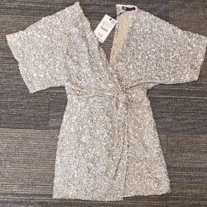 Silver Sequin Wrap Dress
